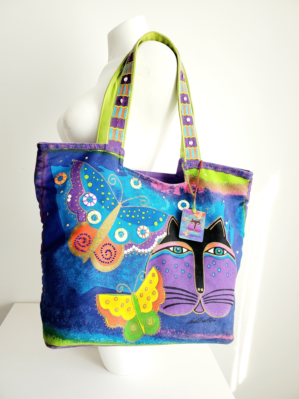 Laurel Burch Purple & Blue Cat and Butterfly Canvas Tote